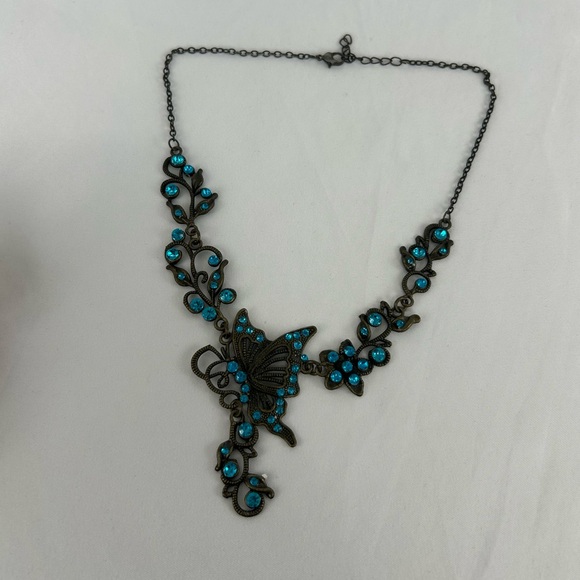 Vintage Ornate Butterfly Necklace with Blue Rhinestone - Picture 1 of 6